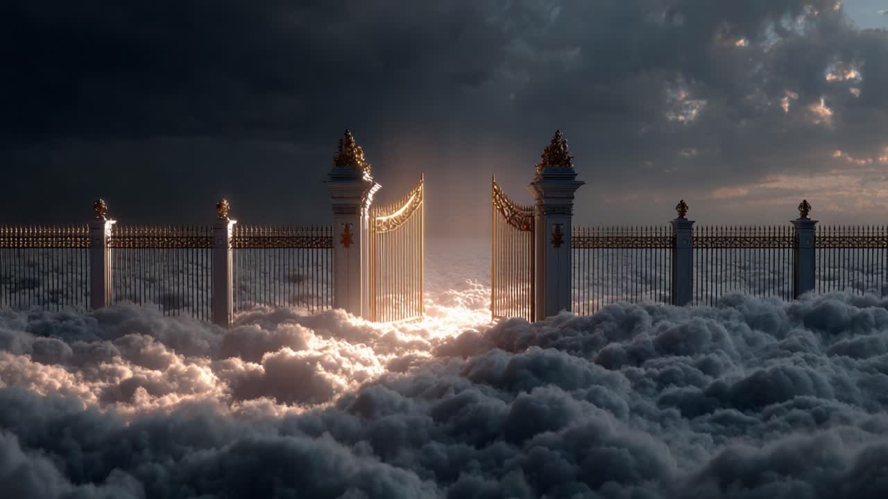 An Ethereal Gateway Shining Through Clouds: A Majestic Entrance to Another Realm Captured in Stunning Detail with Luminous Gates and Heavenly Atmosphere