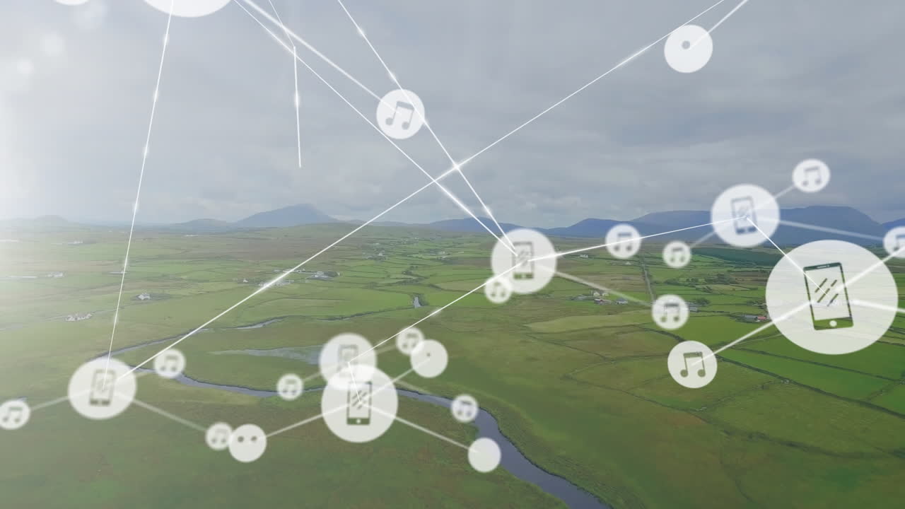 풍경 위의 아이콘으로 연결된 네트워크의 애니메이션