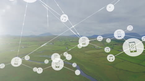 animation of network of connections with icons over landscape