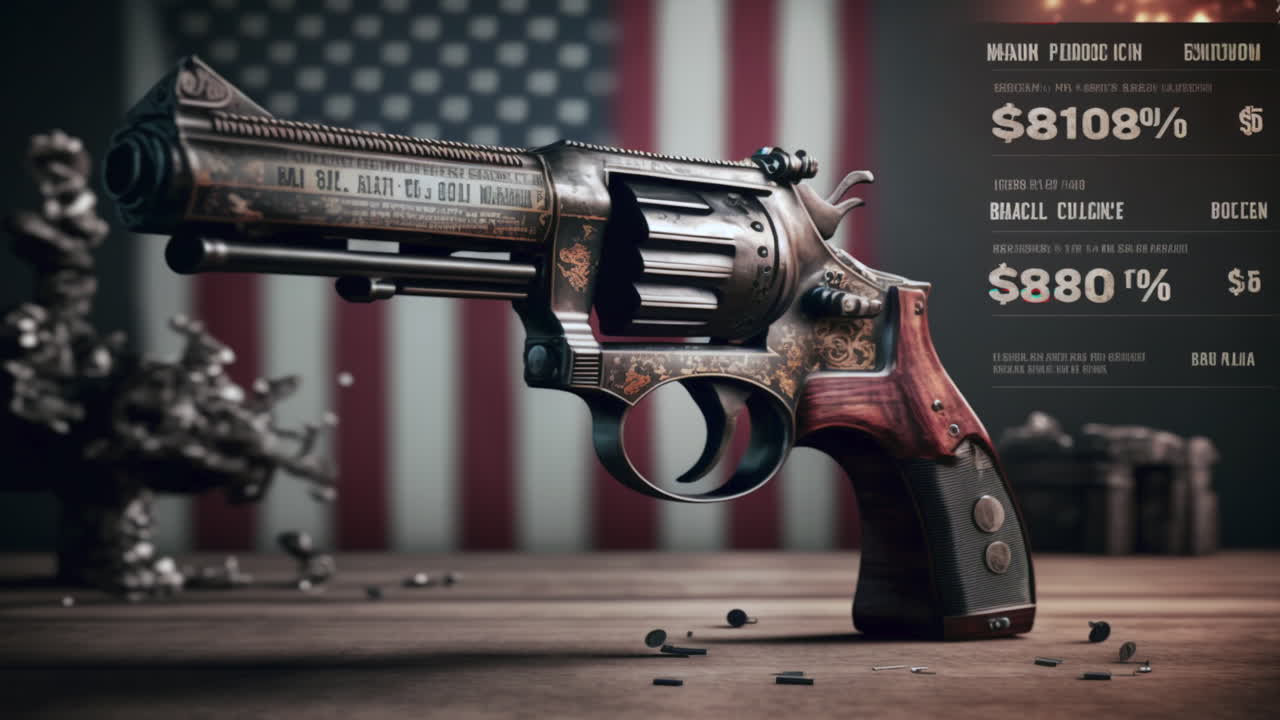 estadísticas de violencia con armas de fuego en los estados unidos de américa, ilustración del concepto de análisis con bandera estadounidense en el fondo, efecto de falla