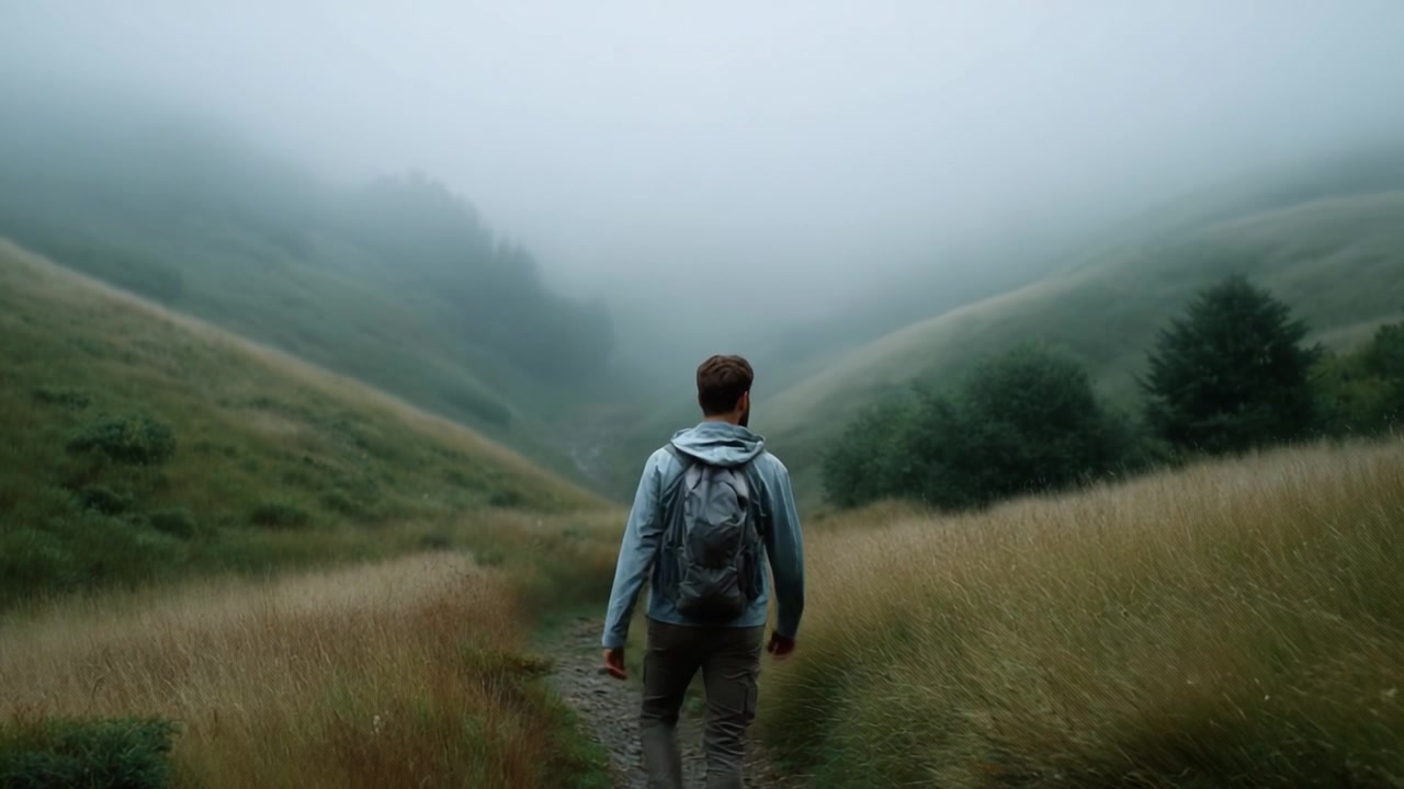 A solitary figure walking through a misty valley, surrounded by lush greenery and fog, embodying tranquility and exploration in an ethereal landscape.