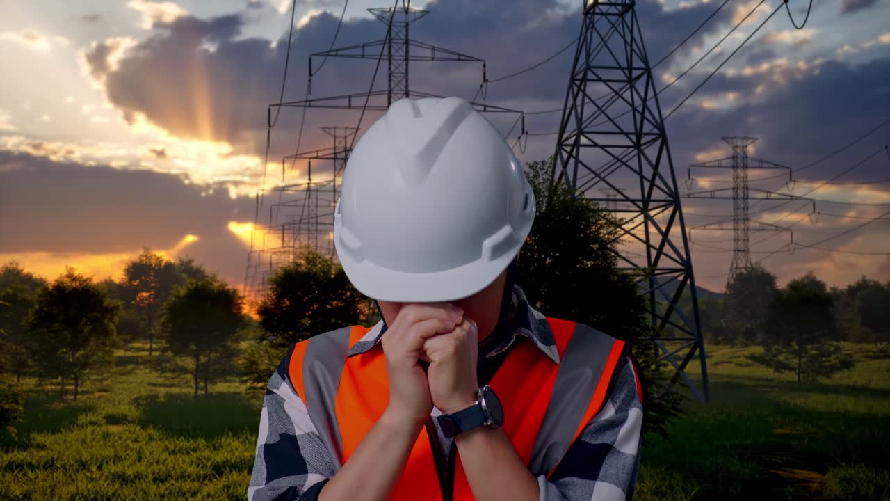 Inżynier w kapeluszu modlący się o zachodzie słońca w pobliżu linii energetycznych