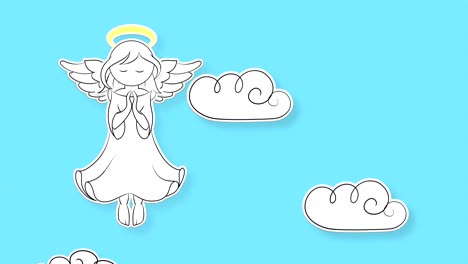 a drawn angel flies on a blue sky fairway with clouds