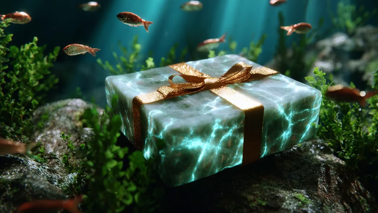 An Enigmatic Aquatic Scene Featuring a Mysterious Gift Box Surrounded by Colorful Fish and Lush Marine Vegetation in a Tranquil Underwater Environment