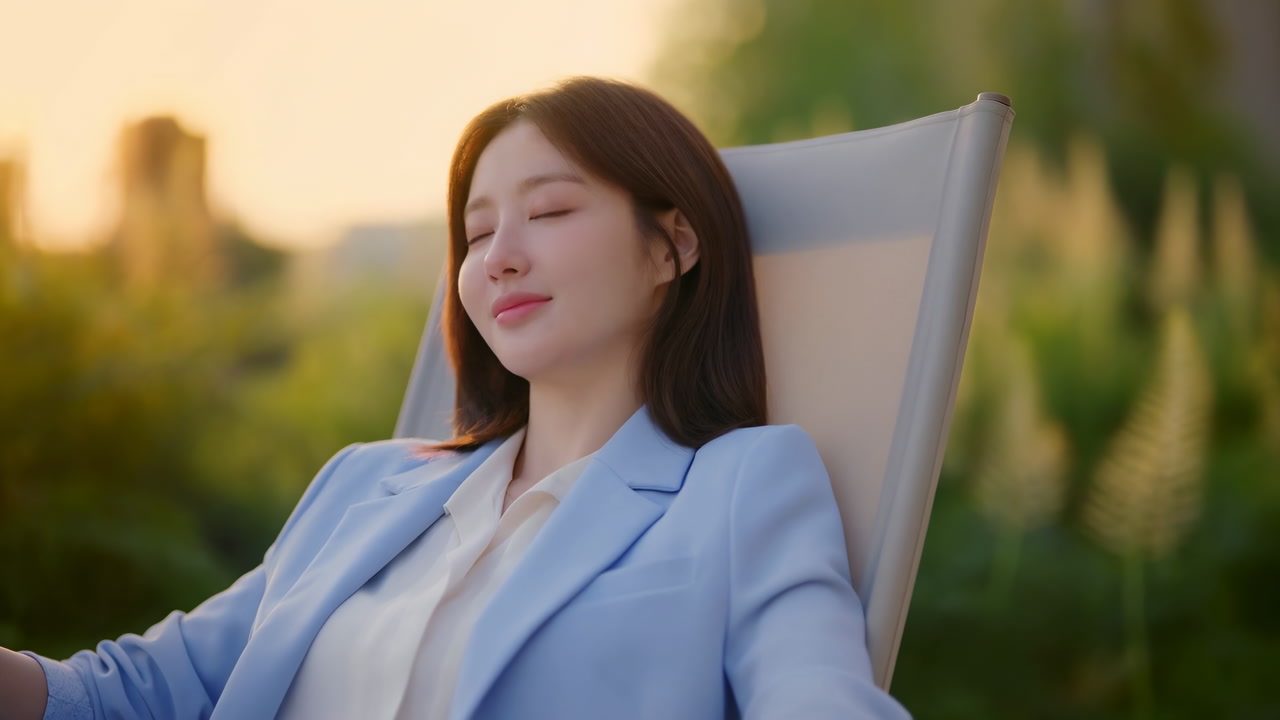 Asian Woman Executive Relaxing Outdoors Sunset Reclining In Deck Chair On Garden Terrace Blue Blazer Soft