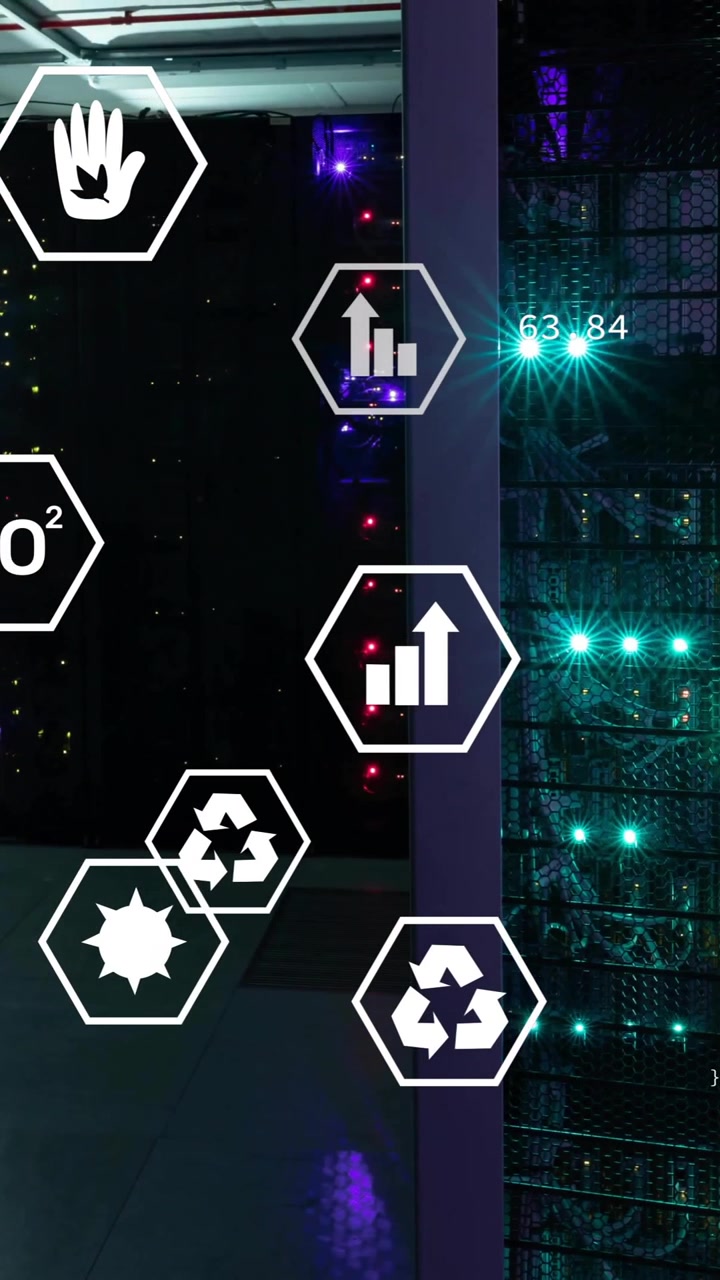 Animation of ecology icons and data processing over server room
