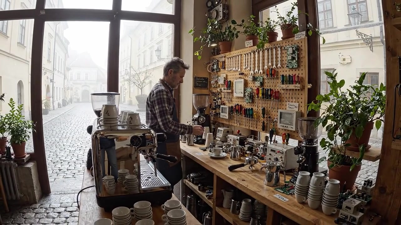 Un barista artigianale che dimostra maestria in una pittoresca caffetteria, circondato da attrezzature per la preparazione del caffè e un'atmosfera accogliente in una giornata nebbiosa.
