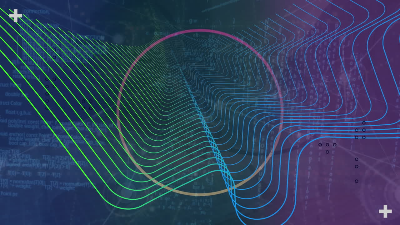 Animation of abstract shapes, network of connections and data processing on purple background