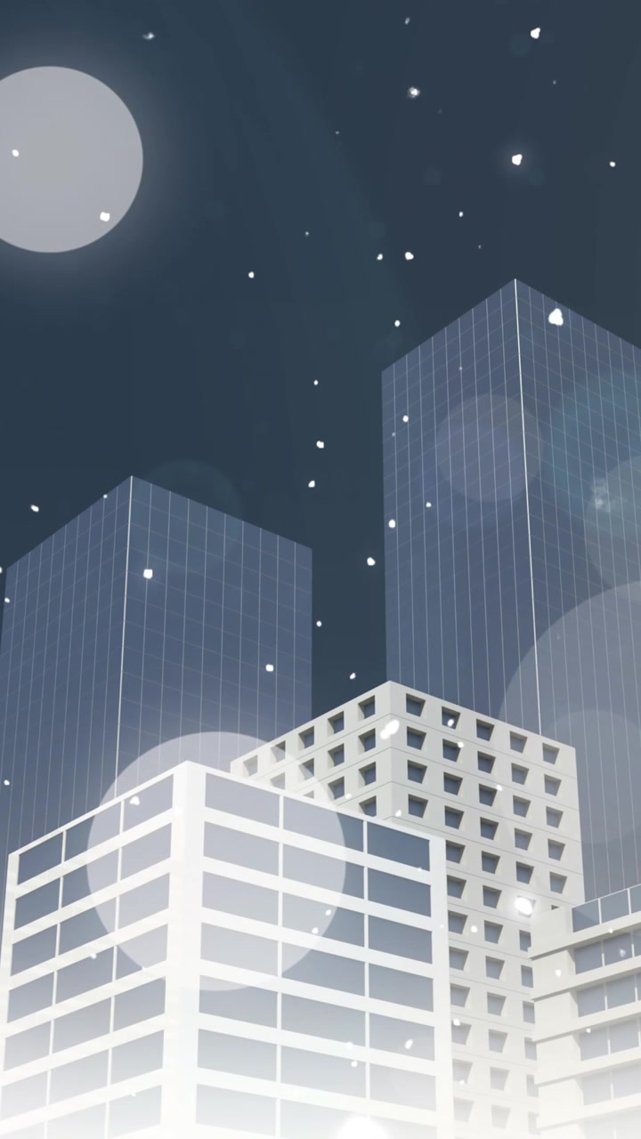 Animazione di neve natalizia che cade su edifici cittadini e punti luce nel cielo notturno