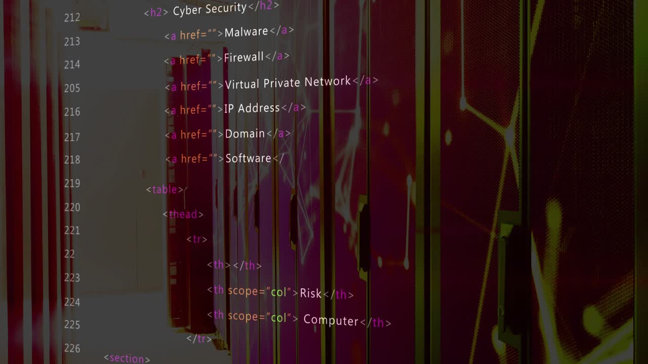 Ouverture du code HTML défilant sur des sujets de sécurité, baies de serveurs lumineuses, réseau pulsant montrant un risque.