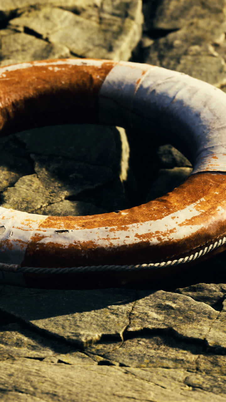 Lifebuoy resting on cracked stones near water during golden hour light