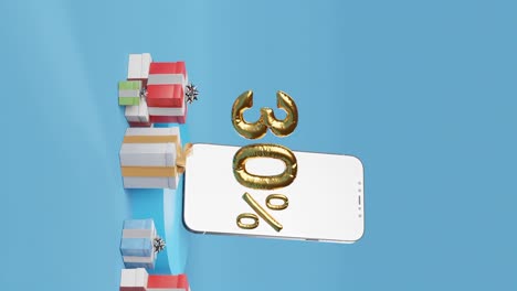 teléfono inteligente que muestra un 30 % dorado al lado de cajas de regalos variadas sobre fondo azul vertical