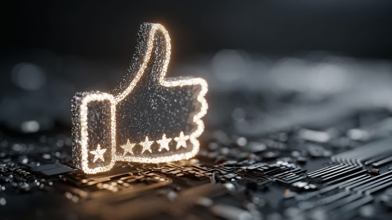 Illuminated Thumbs Up Icon Set Against Circuit Board Background Representing Digital Engagement and Positive Feedback in the Modern Social Media Landscape