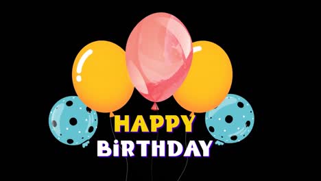 animation of happy birthday text over colorful balloons on black background