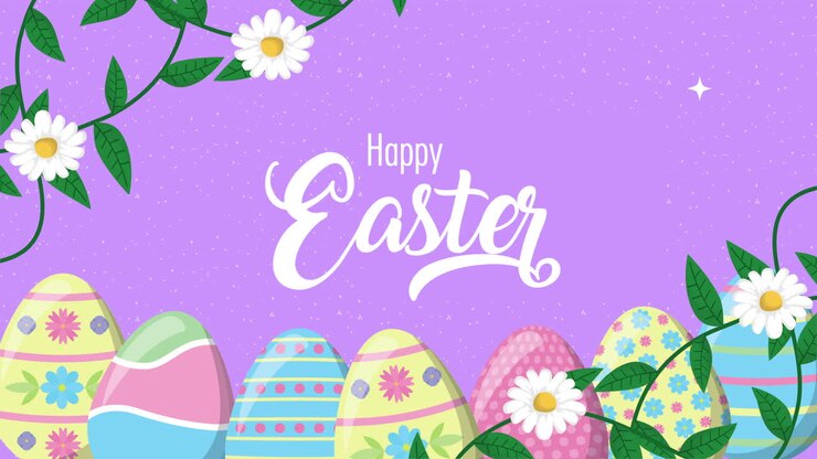 happy easter animated card with eggs painted and flowers