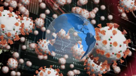 Animation-Des-Globus,-Der-Sich-über-Covid-Zellen-Dreht,-Und-Datenverarbeitung-Auf-Der-Schnittstelle