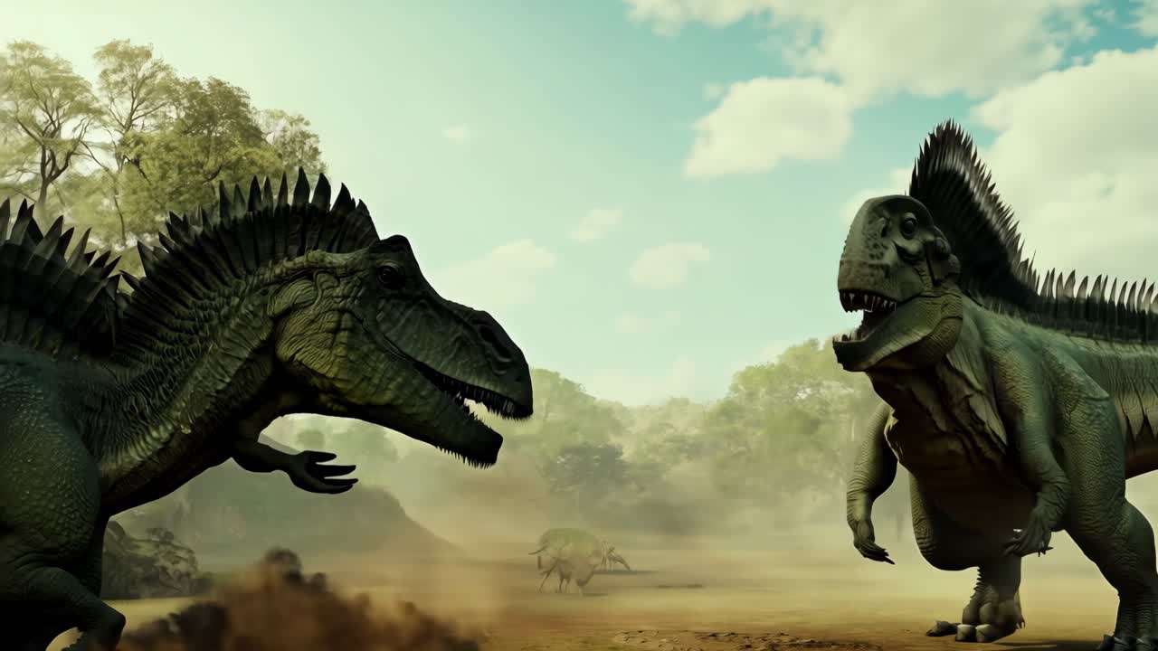 un grupo de dinosaurios caminando a través de un campo de tierra