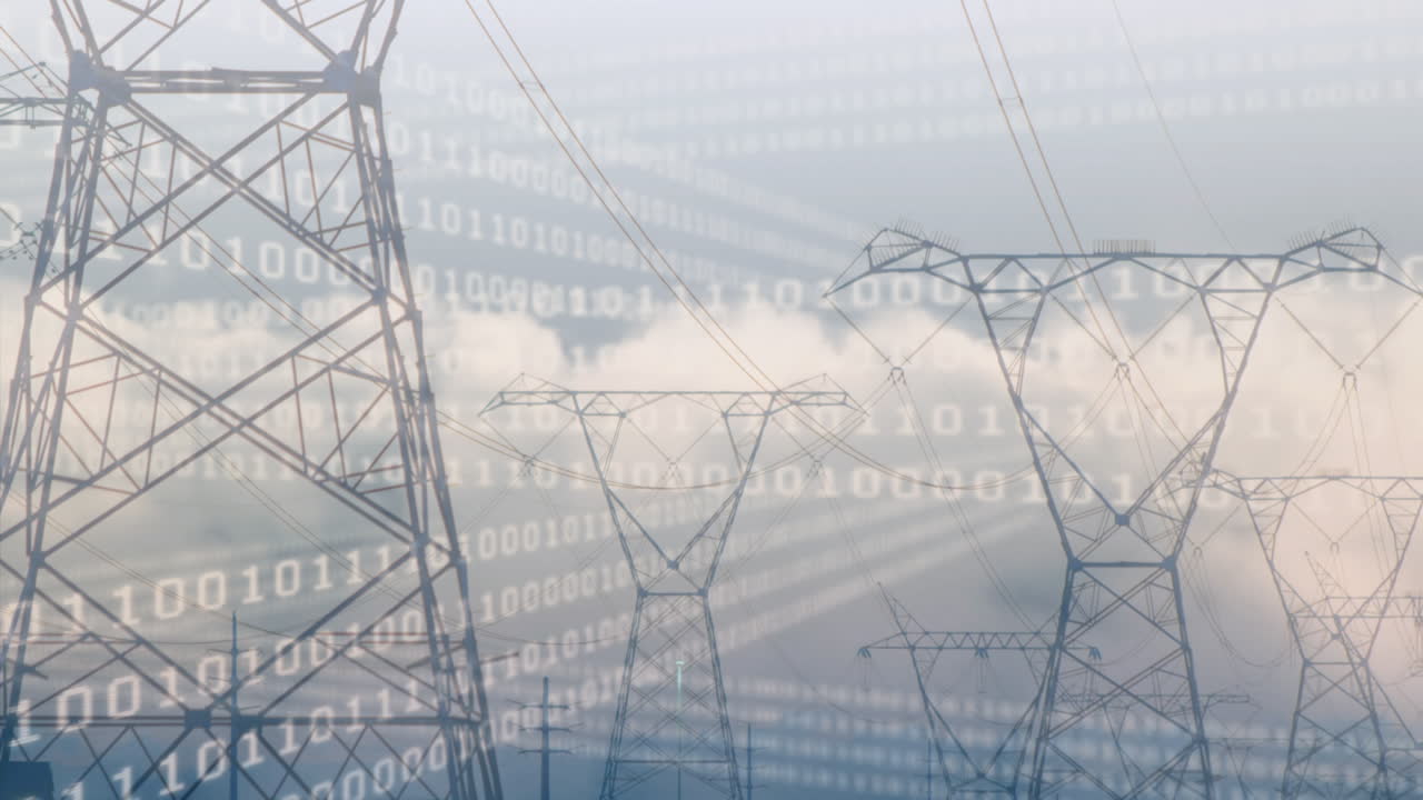 Animation of data processing over pylons and sky with clouds