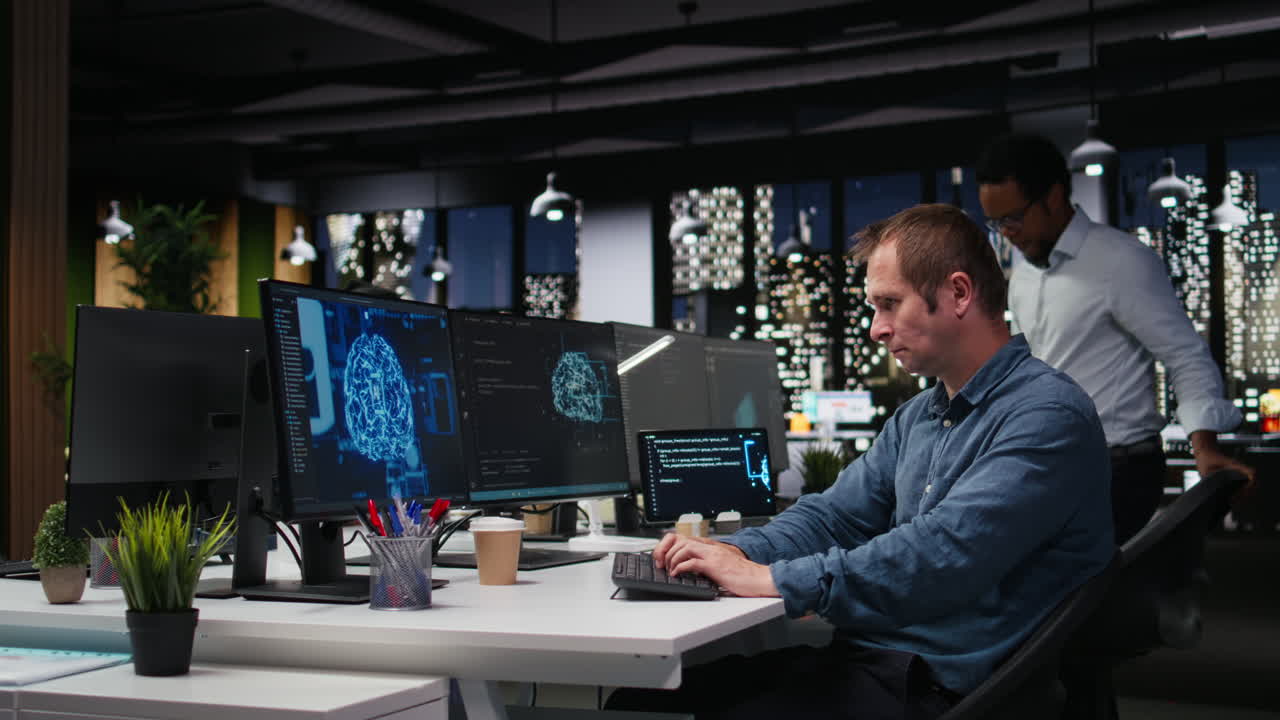 Male Programmer Working on AI Code in Modern Office at Night