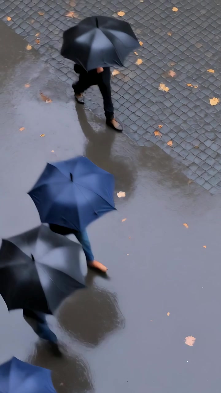 Video verticale: Passanti che camminano sotto la pioggia attraversano un selciato su un marciapiede urbano, con gli ombrelli.
