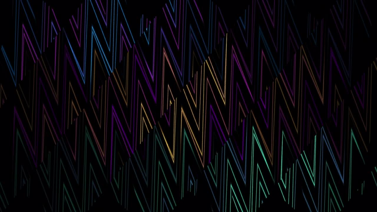 Multicolored zigzag stripes background divided into moving segments, seamless loop. Design. Decorative wall with flowing geometric shapes formed by triangular neon lines