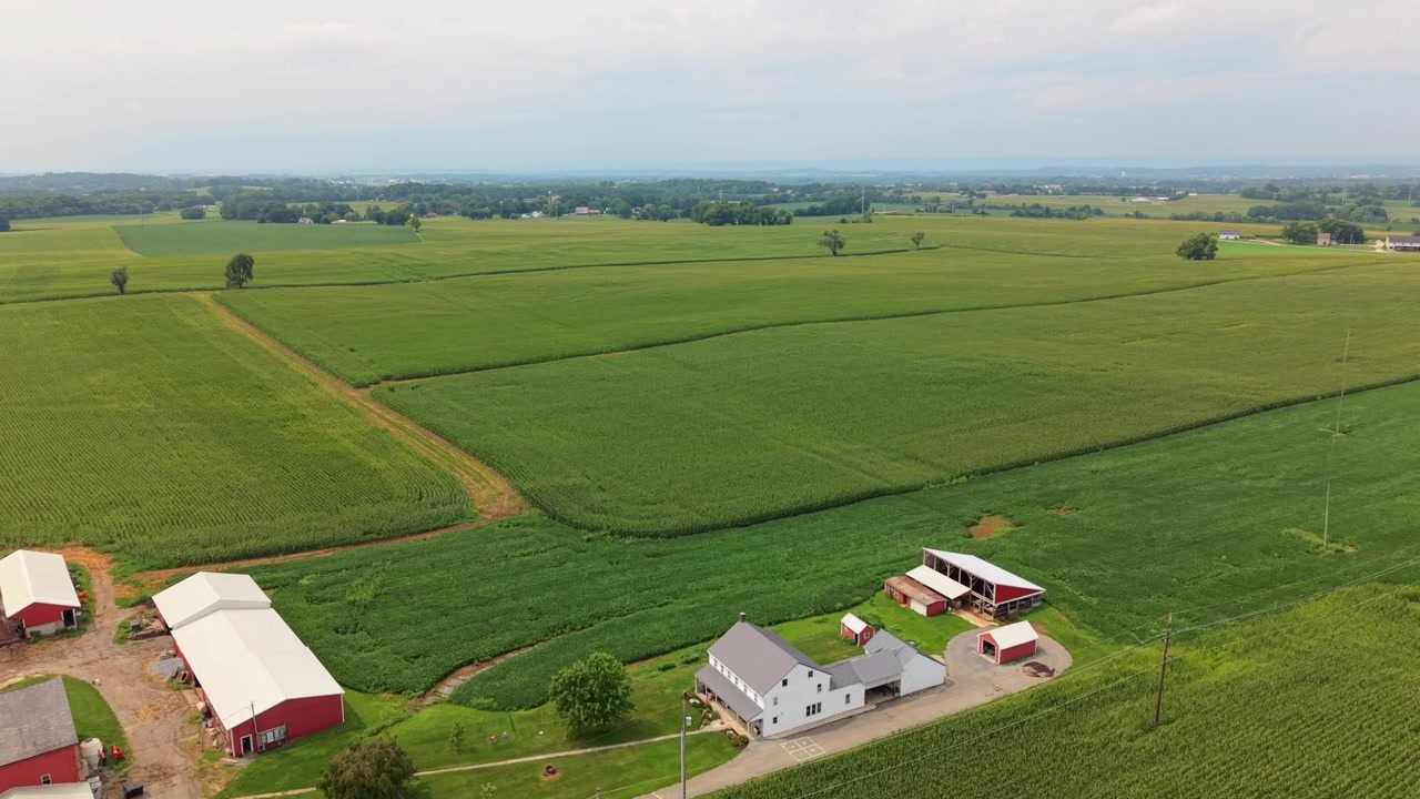 Riprese cinematografiche con drone che sorvolano edifici agricoli, fienili e vasti campi agricoli verdi