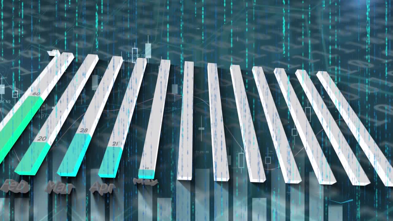 Animation of financial graphs and data over binary code and green lights