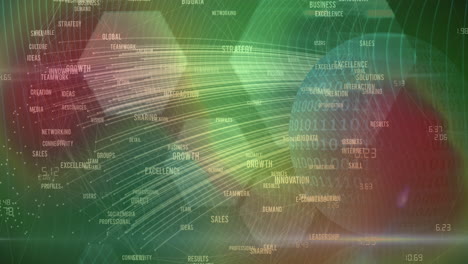 animation of business and marketing terms, with binary, light beams and hexagons, on green and red