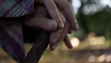 manos descansando sobre un palo de madera primer plano