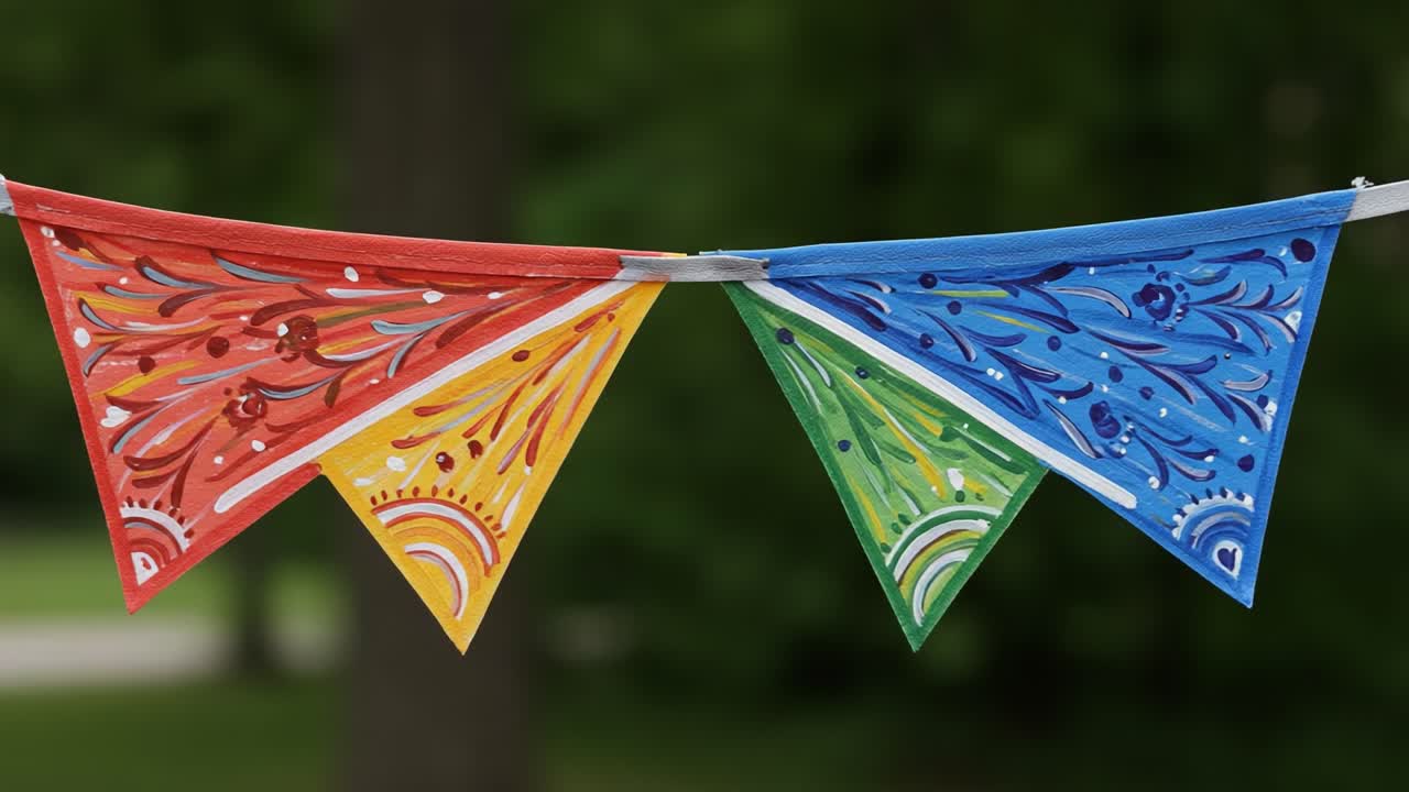 Festoni vivaci per sagre: gagliardetti decorativi colorati con motivi complessi in rosso, giallo, verde e blu, perfetti per feste ed eventi gioiosi