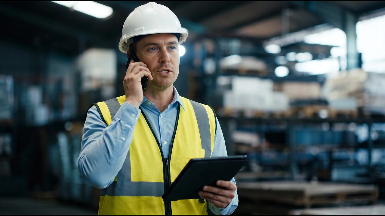 Trabajador de la construcción hablando por teléfono móvil mientras sostiene una tableta en un almacén, vistiendo chaleco de seguridad y casco.