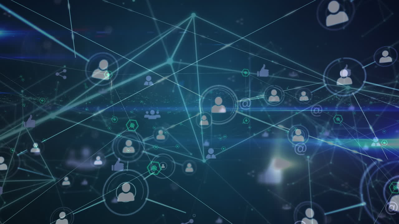 animación de la red de conexiones con iconos y procesamiento de datos sobre fondo azul