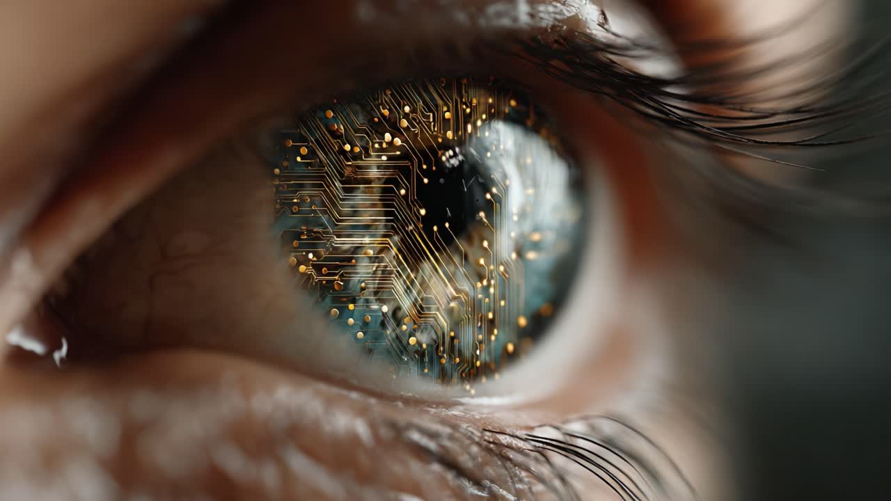 The Creative Fusion of Technology and Nature: A Stunning Close-Up on an Eye Featuring Intricate Circuit Patterns Representing the Future of Vision and Innovation