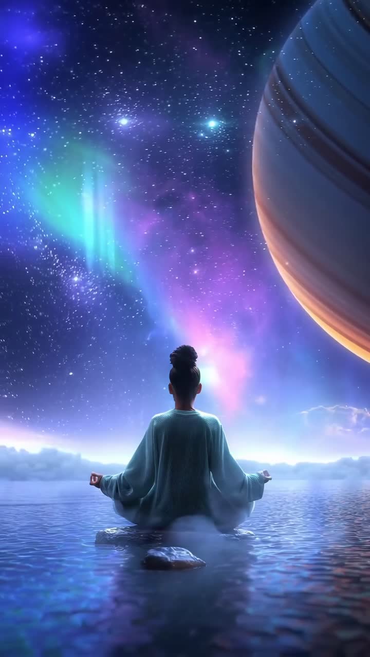 Una scena video serena e cosmica di una persona che medita sotto un cielo stellato, vista dal basso