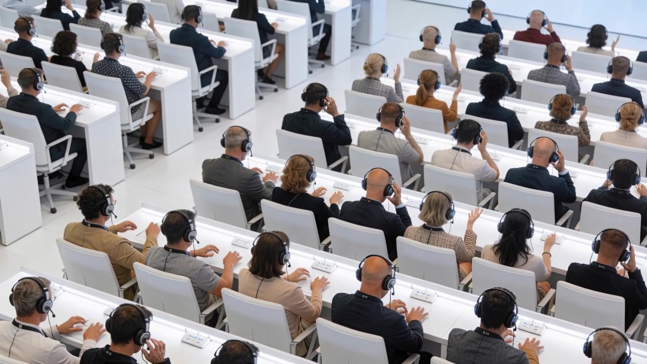 All'inizio della sessione, delegati in abito sistemano le cuffie e digitano sui pannelli in sala.