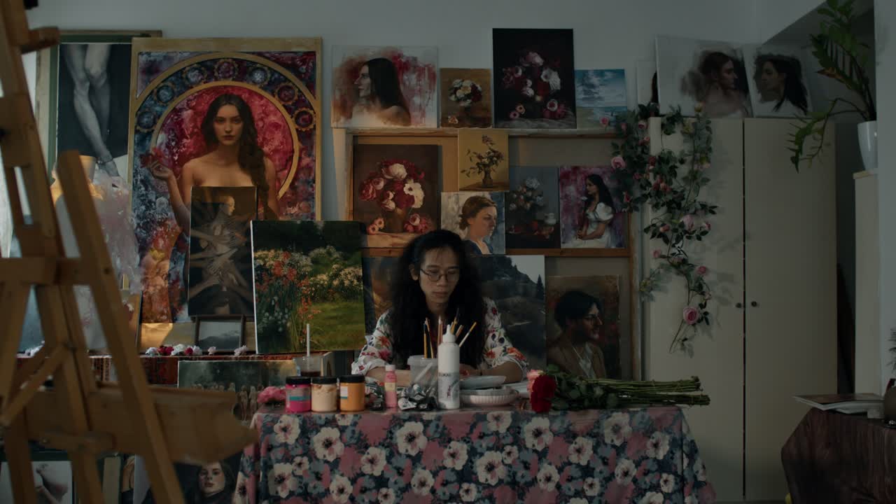Artista in uno studio circondato da dipinti