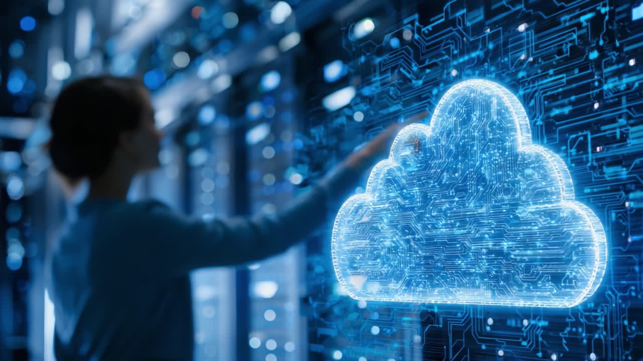 A person interacts with a glowing digital cloud icon, symbolizing cloud computing technology and data management within a high-tech server room environment