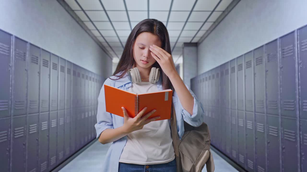 학교 복도에서 스트레스를 받는 학생