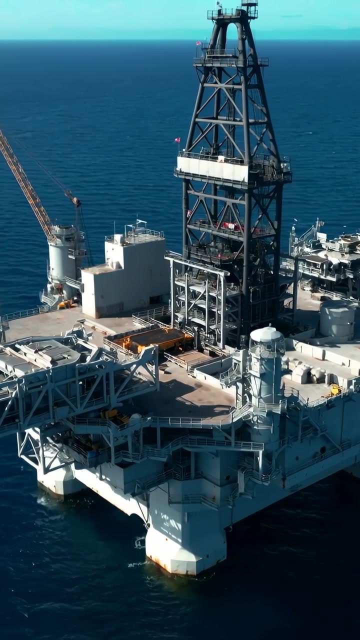 Vertical video: Drone camera sliding right and closer over offshore rig to reveal derrick and deck