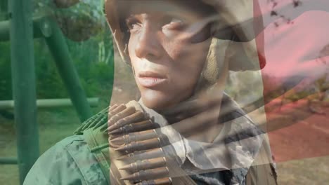 composición digital de ondear la bandera de italia contra el soldado de pie en el campamento de entrenamiento
