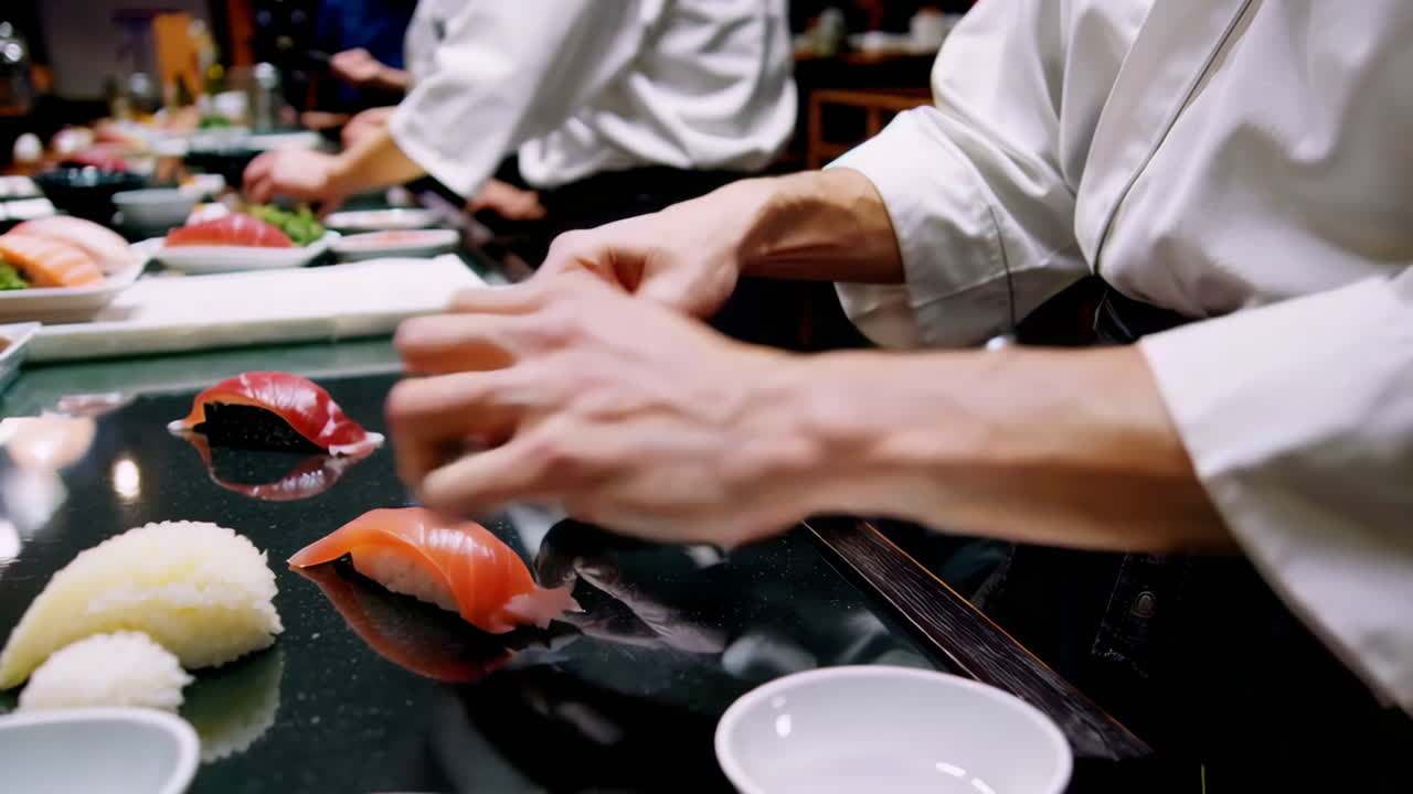 el chef de sushi preparando el nigiri.