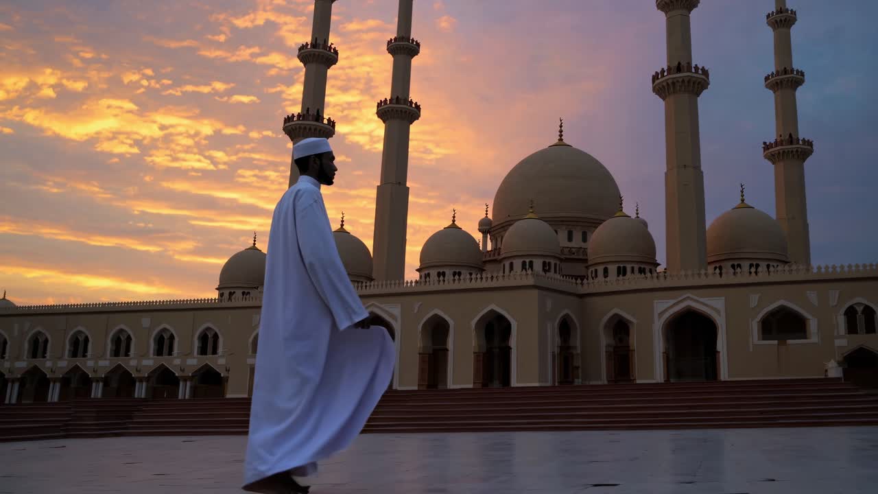 Adult muslim man is walking near a mosque at sunset, wearing traditional clothing and a taqiyah, with minarets and domes in the background