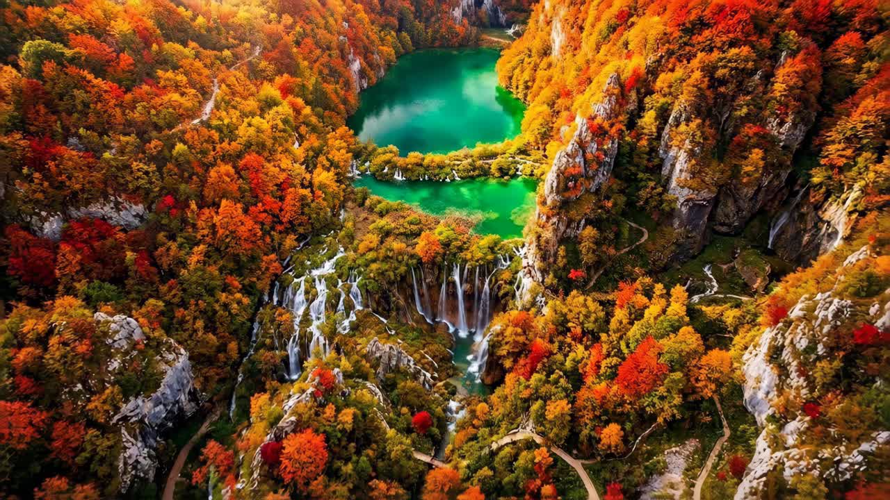 Vista aerea del Parco nazionale dei laghi di Plitvice in autunno
