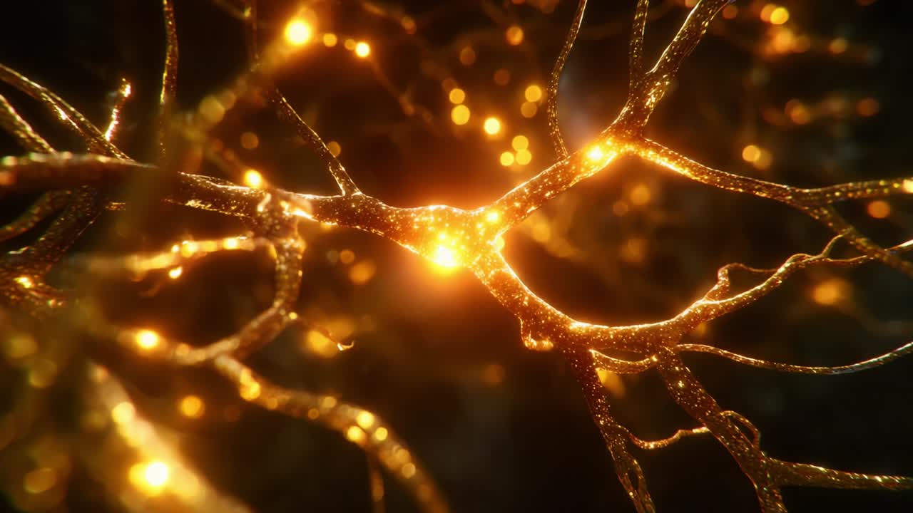 Astonishing Visualization of Neuronal Structures Illuminated with Golden Light, Highlighting the Intricate Connectivity and Complex Patterns of Neurons and Synapses within a Biological Network
