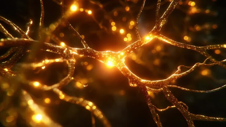 Astonishing Visualization of Neuronal Structures Illuminated with Golden Light, Highlighting the Intricate Connectivity and Complex Patterns of Neurons and Synapses within a Biological Network