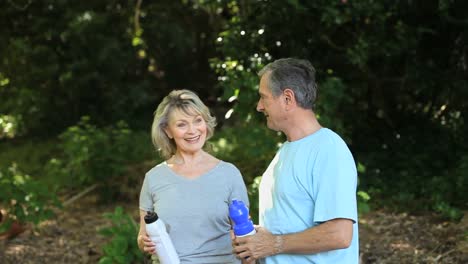 pareja de ancianos tomando un descanso después de beber