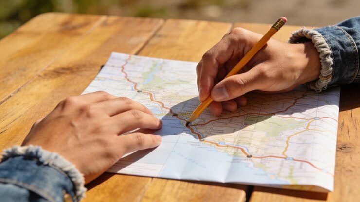 Abaissant le crayon de la main droite pour toucher la carte, des mains traçant un itinéraire côtier sur une table de pique-nique, manchette en jean.