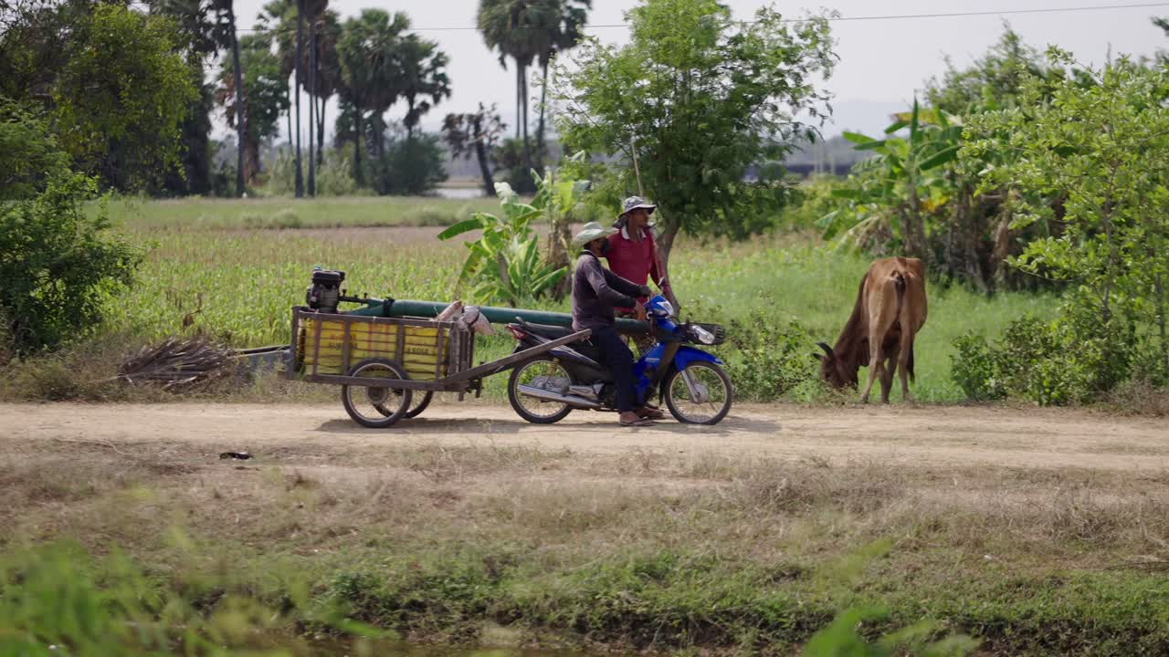 Two men with a motorcycle and cart on a dirt road in a rural landscape with a grazing cow