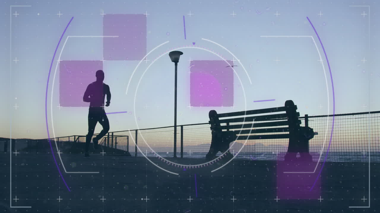 Animation of scope scanning over african american man running outdoors