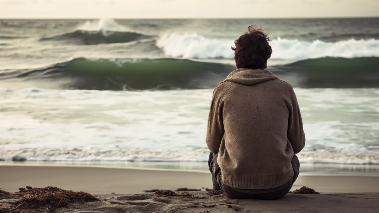 Una scena contemplativa di una persona seduta su una spiaggia, di fronte alle onde dell'oceano